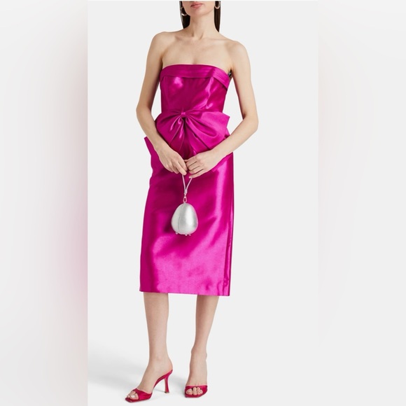 ZAC POSEN Strapless bow-detailed duchesse-satin midi dressMagenta NEW NO TAG